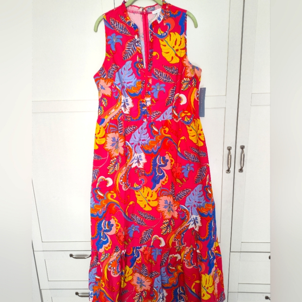 London Times NWT Sz 16 V-Neck  A-line Pockets Tiered Maxi Women's Pink F…